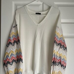 Zara Cream V-Neck Sweater with Colorful Patterned Sleeves